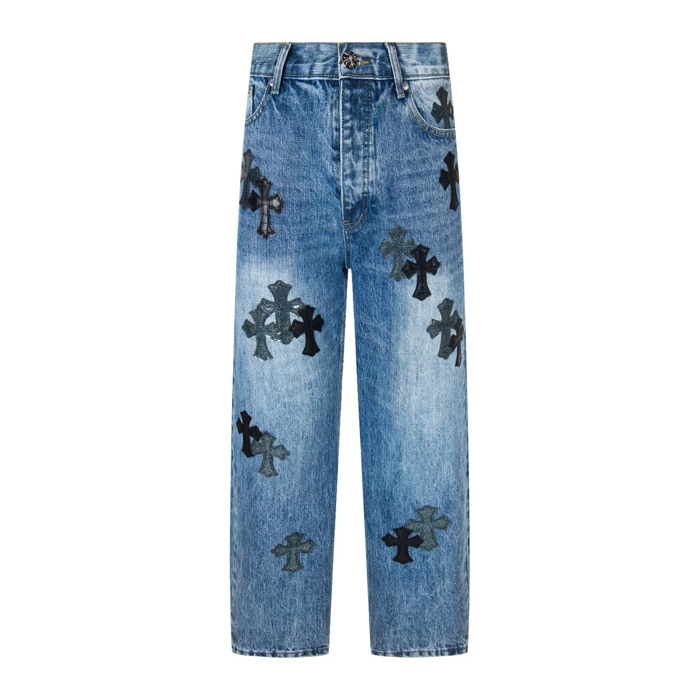 P280 High version (evergreen version) Chrome Hearts/Chrome Hearts 25FW CH starry sky leather cross bamboo jeans adopt starry sky themed leather elements, mostly in the shape of a cross, with glitter on the leather surface. Unique design with simple and elegant details, exquisite workmanship, neat lines and in-place details on the entire pair of pants! It’s also so cool that both men and women can easily control it. It’s a gender-neutral trendy up version. Style number: 1722# Color: blue Size: 28 30 32 34 36